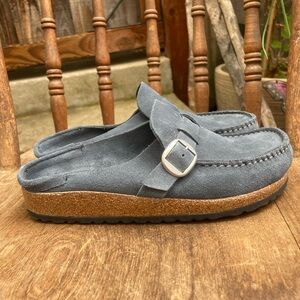Birkenstock Buckley Gray Suede Mules with Silver Buckle